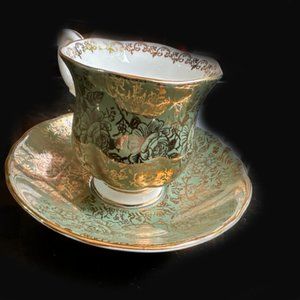 Staffordshire England Green Gold Rose Bouquet Tea Cup And Saucer Set